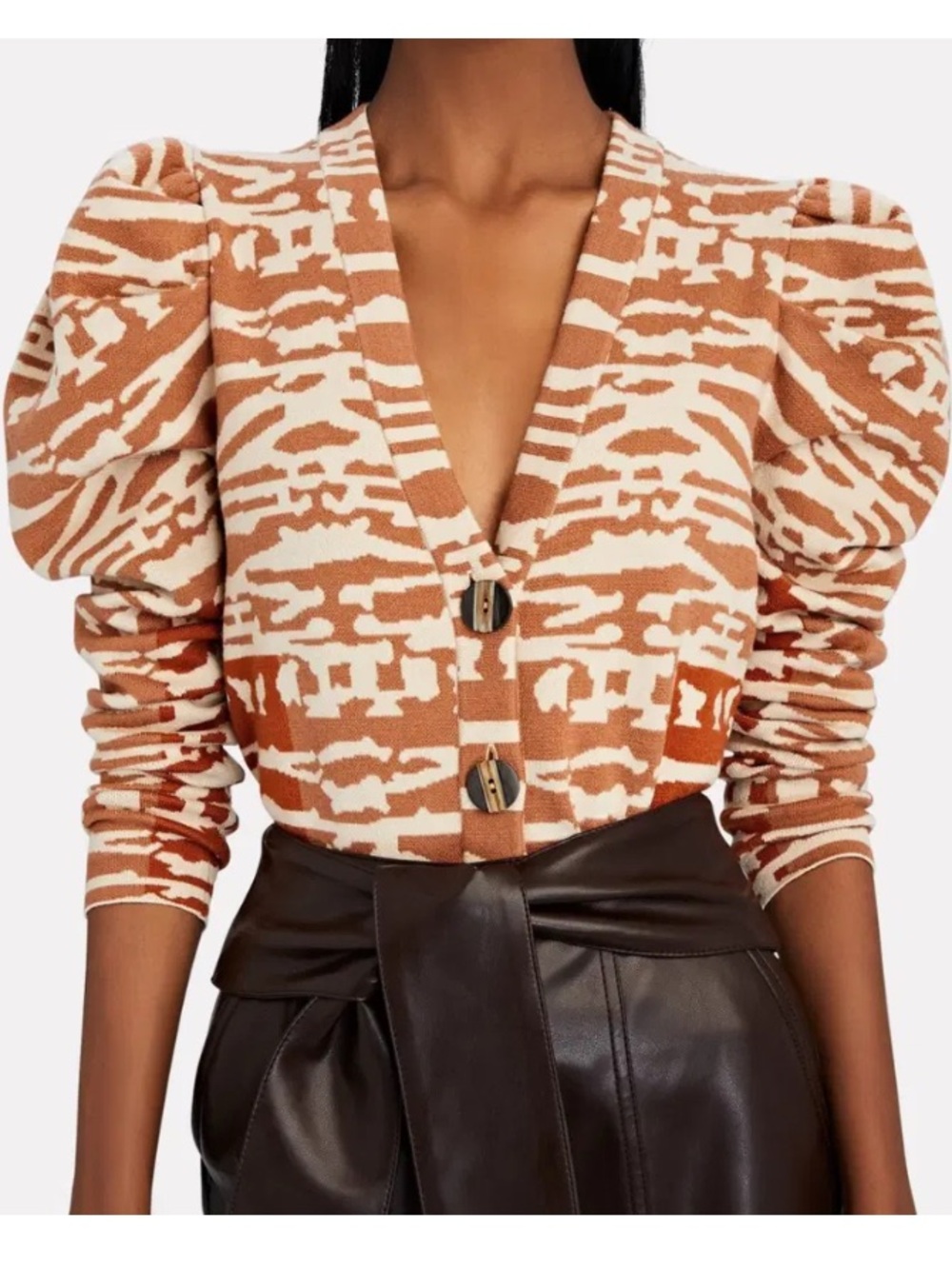 Ulla Johnson Cream & Rust Patterned V‑Neck Button Cardigan